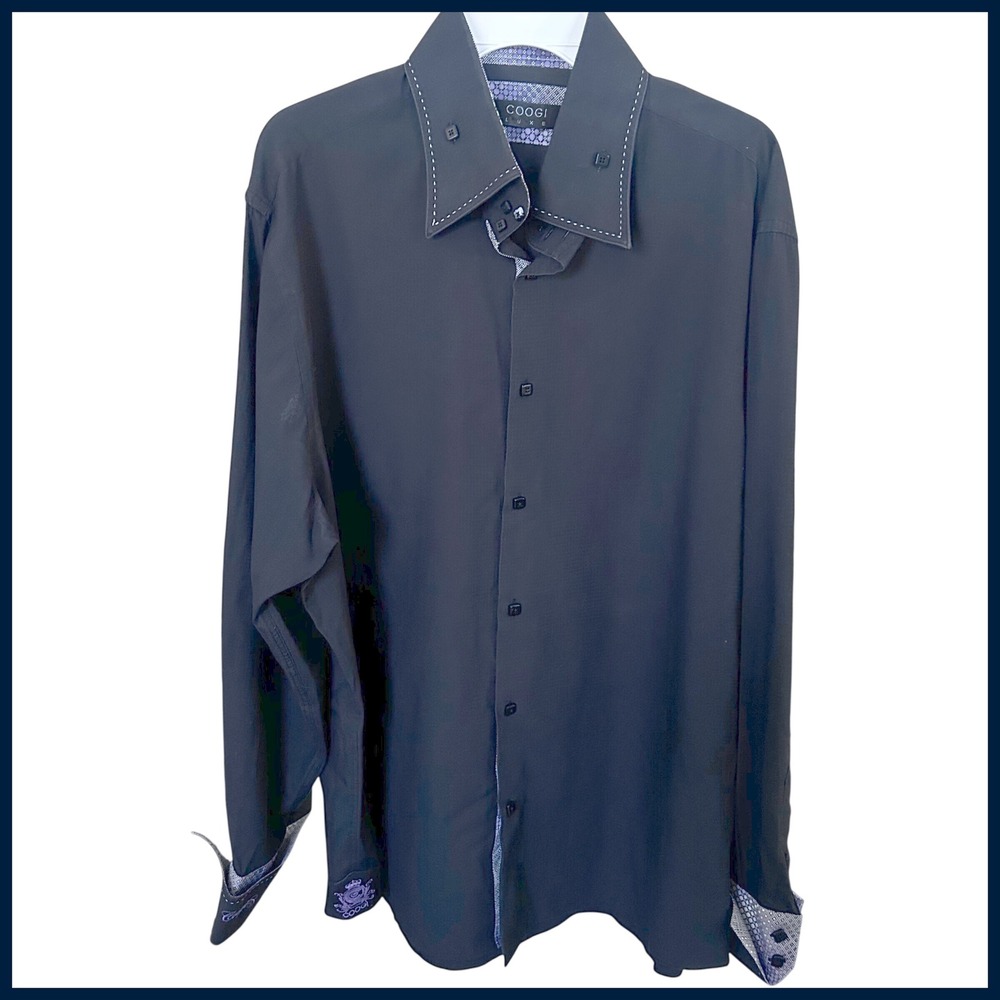 Coogi Luxe Mens 3XL Black Purple Long Sleeve Button Down Cotton Shirt Contrast
